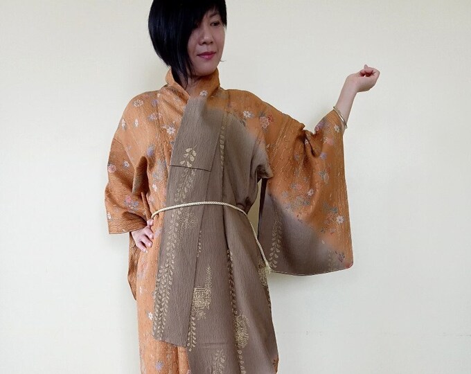 Japanese Silk Houmongi Kimono, Brown Kimono Dress, Floral Yuzen Silk