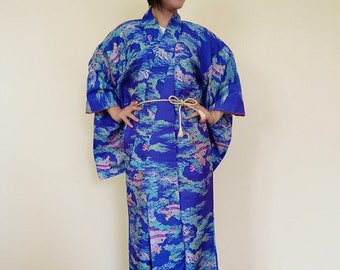 Vintage Tsumugi Raw Silk Kimono: Blue Scenic Print Japanese Robe, Women’s XS Size