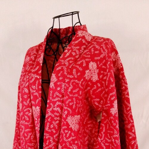 Red Shibori Haori Jacket, Kanoko Heart Shibori, Japanese Oversized Jacket, Vintage Silk Kimono Jacket for Women, Vintage Japanese Haori shops