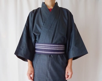 Japanese Men's Kimono Robe in Blue Gray Size M, Vintage Oshima Tsumugi Silk Kimono, Men's Dressing Gown Yukata, Gift Idea for Him