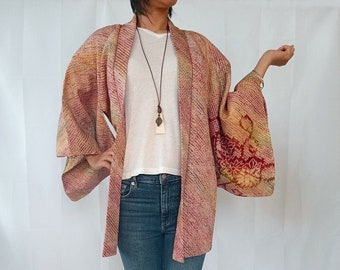 Women's Shibori Silk Haori in Autumn Colors, Japanese Silk Kimono Cardigan, Vintage Floral Kimono Jacket Size L