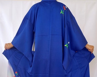 SALE - Shimmering Blue Japanese Silk Kimono Dress, Women's Dressing Gown Size S, Vintage Robe Long Sleeve with Floral Pattern