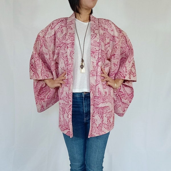 Japanese Women's Silk Kimono Jacket Bamboo Leaf, Pink Shibori Haori Tie Dye Jacket Size M, Vintage Japanese Kimono Cardigan, Short Kimono