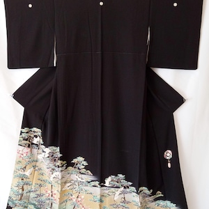 Vintage Black Silk Tomesode Kimono with Cranes & Pine Trees – Hand-Painted Japanese Formal Kimono - Gift Idea for Collectors and Art Lovers