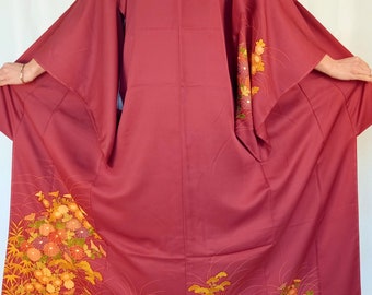 Red Japanese Silk Kimono Robe Chrysanthemum, Authentic Japanese Women's Kimono Dress, Floral Dressing Gown Long Sleeve Size M