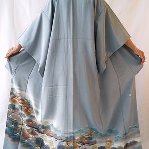 Vintage Japanese Irotomesode Kimono – Blue-Gray Chirimen Silk with Heian Palace Scene - Hand-Painted Kimono Art Robe - Wearable Art