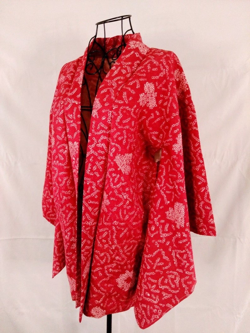 Red Shibori Haori Jacket, Kanoko Heart Shibori, Japanese Oversized Jacket, Vintage Silk Kimono Jacket for Women, Vintage Japanese Haori shops