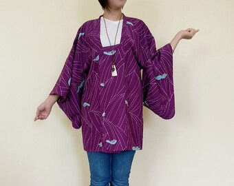 Vintage Michiyuki Kimono Jacket, Japanese Haori Jacket for Women, Purple Silk Haori, Silk Kimono Cardigan, Japanese Gift Idea