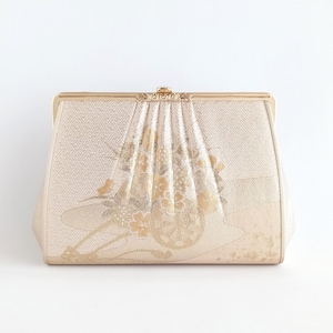 Vintage Japanese Kimono Bag – Beige Gold Obi Silk Clutch – Floral Gosho Guruma Cart Pattern – Saga Nishiki Style Purse – Formal Evening Bag