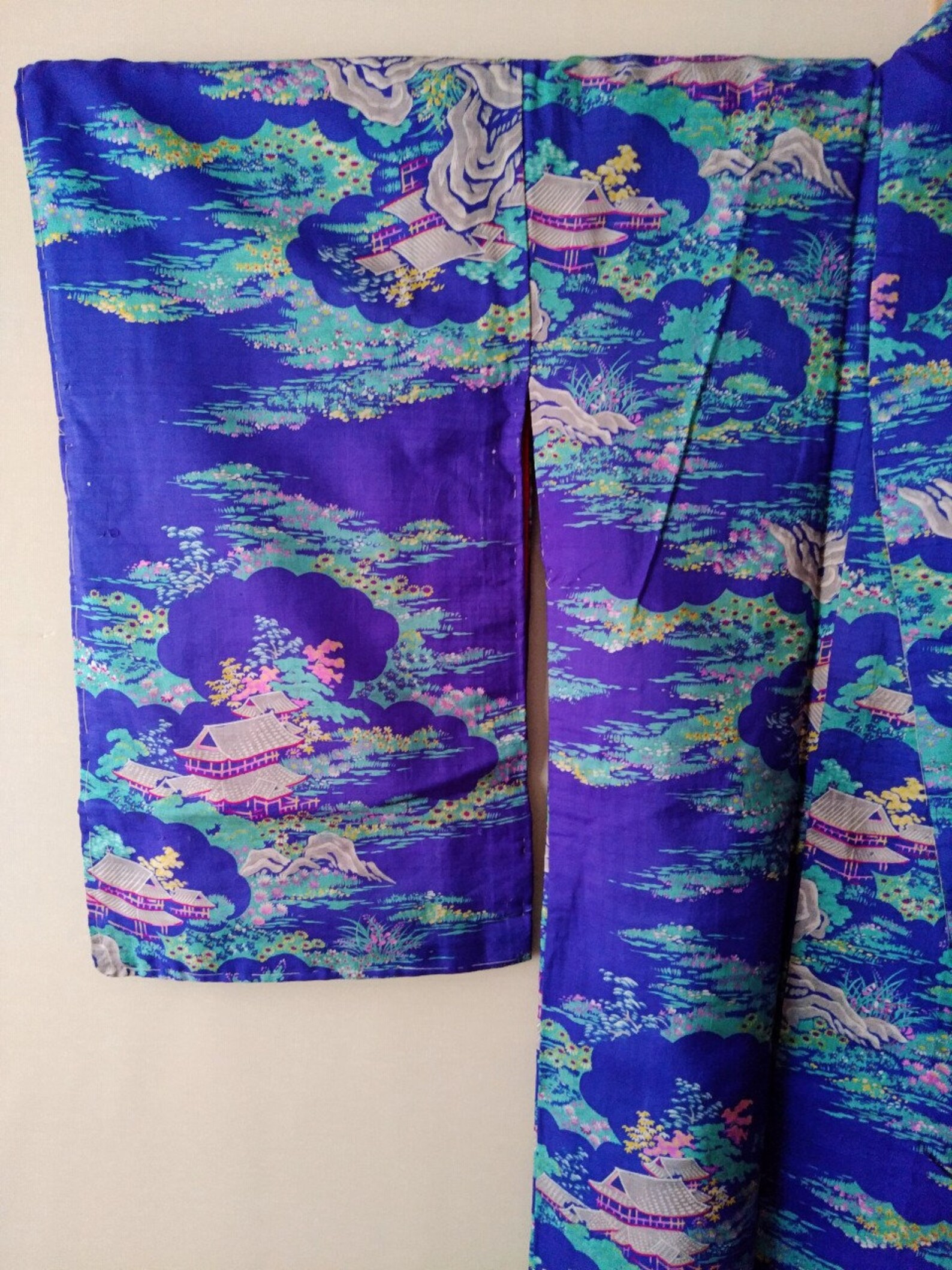 Raw silk kimono landscape pattern vintage Japanese blue | Etsy