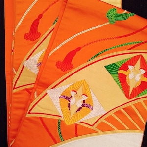 Vintage Kimono Obi Belt, Fukuro Silk Obi, Japanese Silk Obi Fabric, Tsuru Bird Pattern, Perfect for Wall Hanging and Table Runner