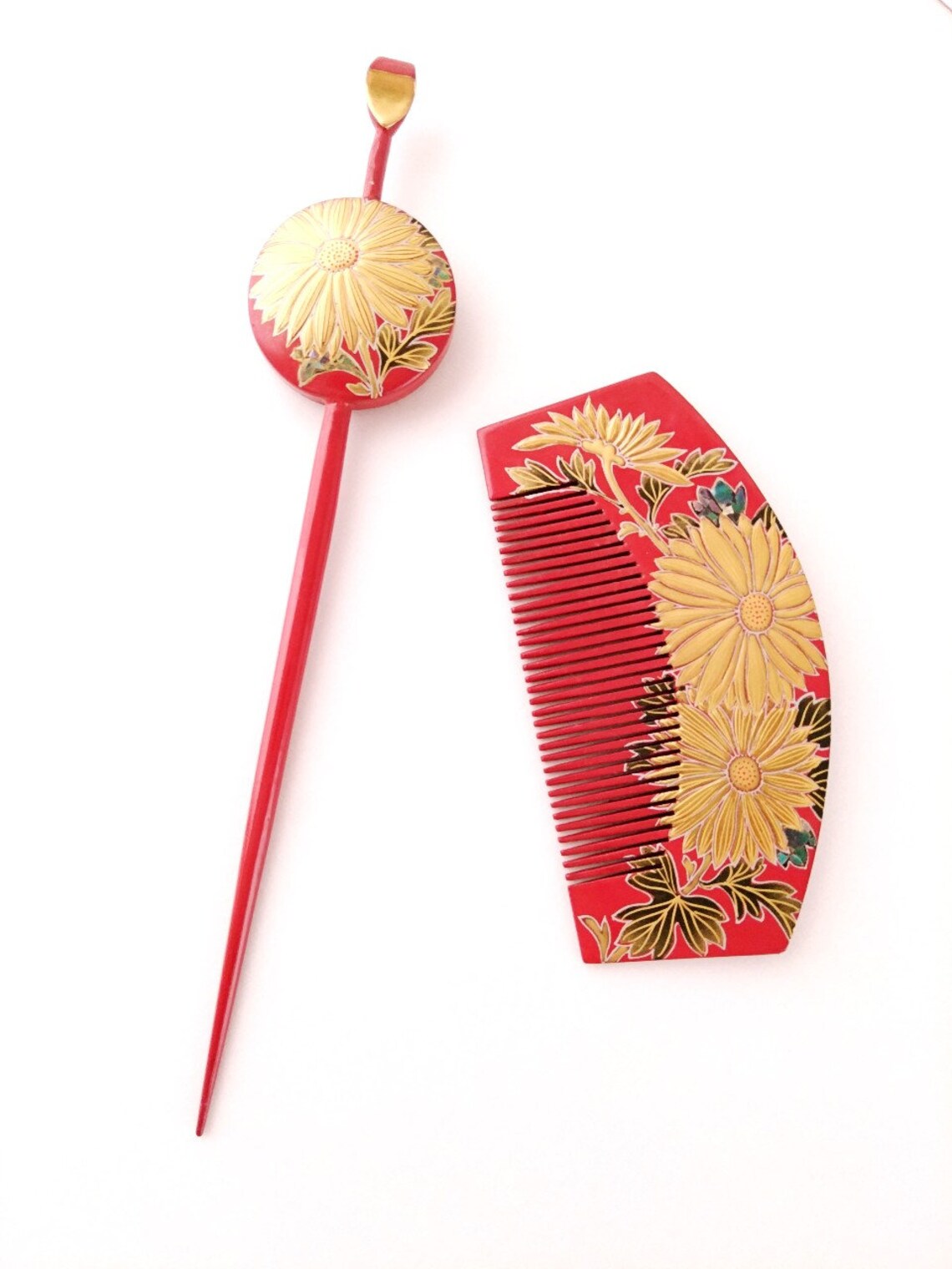 Vintage Japanese Hair Pins Set of 2 Kanzashi Chrysanthemum Etsy