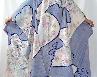 Vintage Silk Furisode Kimono: Blue Shibori Floral Bridal Robe – Japanese Formal Wear