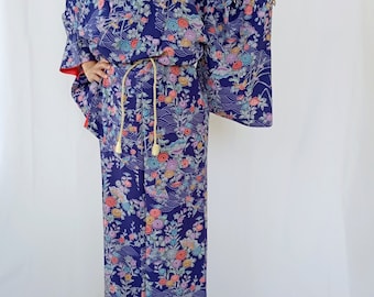 Vintage Blue Silk Kimono Robe – Floral Japanese Kimono, Dressing Gown, Colorful Silk Kimono Dress, Women’s Loungewear, Gift for Her