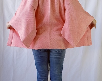 Haori vintage de seda rosa suave: Chaqueta kimono shibori japonesa – Cárdigan para mujer – Talla M