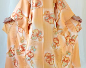 Vintage Japanese Silk Kimono: Japanese Orange Robe, Momiji Maple Leaf, Size S