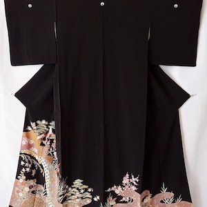 Vintage Black Tomesode Kimono with Mandarin Ducks & Cranes Motif – Hand Painted and Embroidered Japanese Silk Kimono Robe - Wearable Art