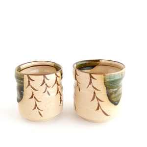 Vintage Oribe Yaki Tea Cup Set – Handmade Japanese Pottery Yunomi Pair – Artisan Green Tea Cups – Housewarming Gift