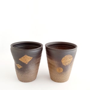 Vintage Japanese Ceramic Tumbler Set: Rustic Brown Gold Tea Cups - Bijin Kiln Style
