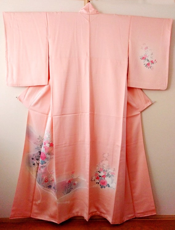 Vintage kimono Japanese kimono peach pink silk kim