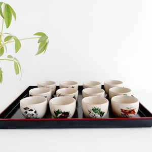 Vintage Kutani Yaki Sake Cup Set with Chinese Zodiac – 12 Guinomi Cups – Collectible Handmade Japanese Ceramic Sake Cups – Wabi Sabi Gift