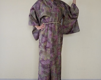 Vintage Tsumugi Silk Kimono Robe: Abstract Japanese Komon, Size S