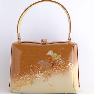 Vintage Kinwashi Honpou Kimono Bag – Brown and Cream Ombré Formal Purse with Grape Vine Motif – Japanese Handbag with Gold Accents