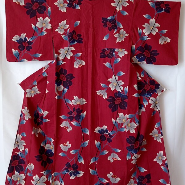 Dark Red Yukata Kimono Robe  Floral Pattern, Vintage Japanese Women's Yukata Size M, Cotton Summer Kimono, Dressing Gown