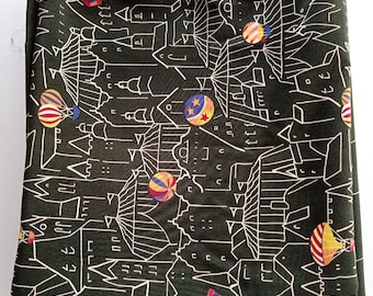 Vintage Poly Cotton Fabric: Dark Olive Green Cityscape Print, 4 Yards