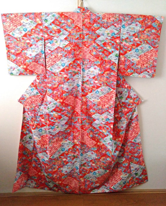 Vintage kimono Japanese kimono red kimono komon fl