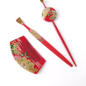 Kimono Hair Accessories, Red Gold Kanzashi Hair Pins, Set of 3 Kanzashi, Hair Comb, Hirauchi Kanzashi Hair Stick, Vintage Japanese Hair Pins