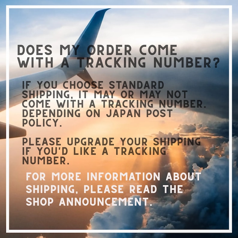 May include: A close-up of an airplane wing with a cloudy sky in the background. The text reads: "Does my order come with a tracking number? If you choose standard shipping, it may or may not come with a tracking number. Depending on Japan Post policy. Please upgrade your shipping if you'd like a tracking number. For more information about shipping, please read the shop announcement."