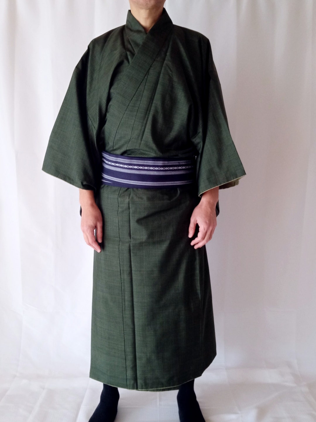 Japanese Men's Kimono Robe in Green Size L, Vintage Oshima Tsumugi Silk