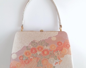 Vintage Japanese Silk Kimono Bag: Chrysanthemum Floral Brocade Handbag – Silver Obi Clutch