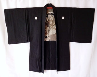 Japanese Men's Haori Jacket Size M, Vintage Black Montsuki Kimono Jacket, Kimono Cardigan, Asian Jacket