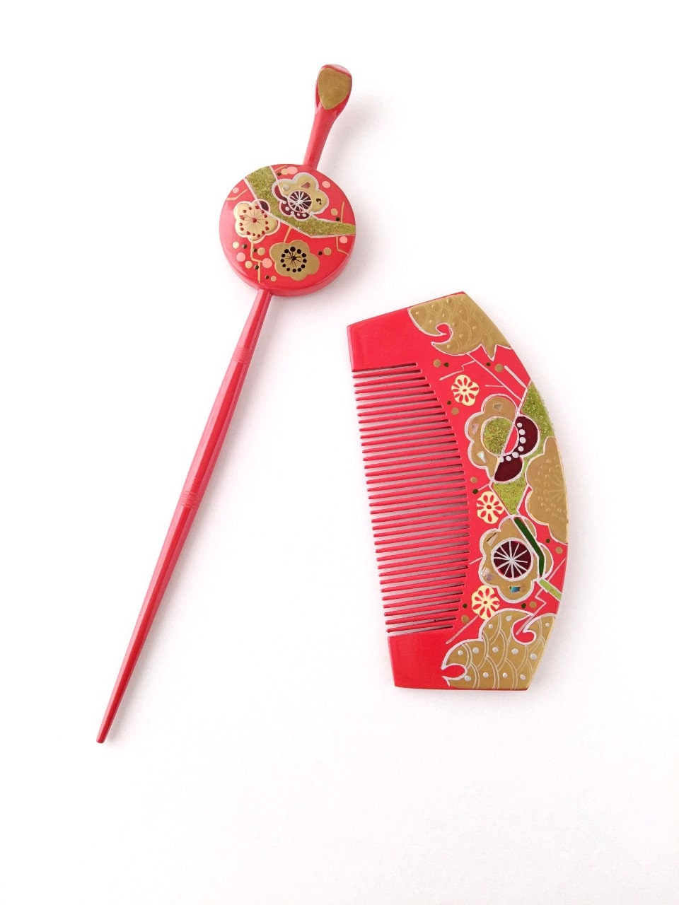 Vintage Japanese Kanzashi, Set of 2, Kushi Hair Comb, Makie
