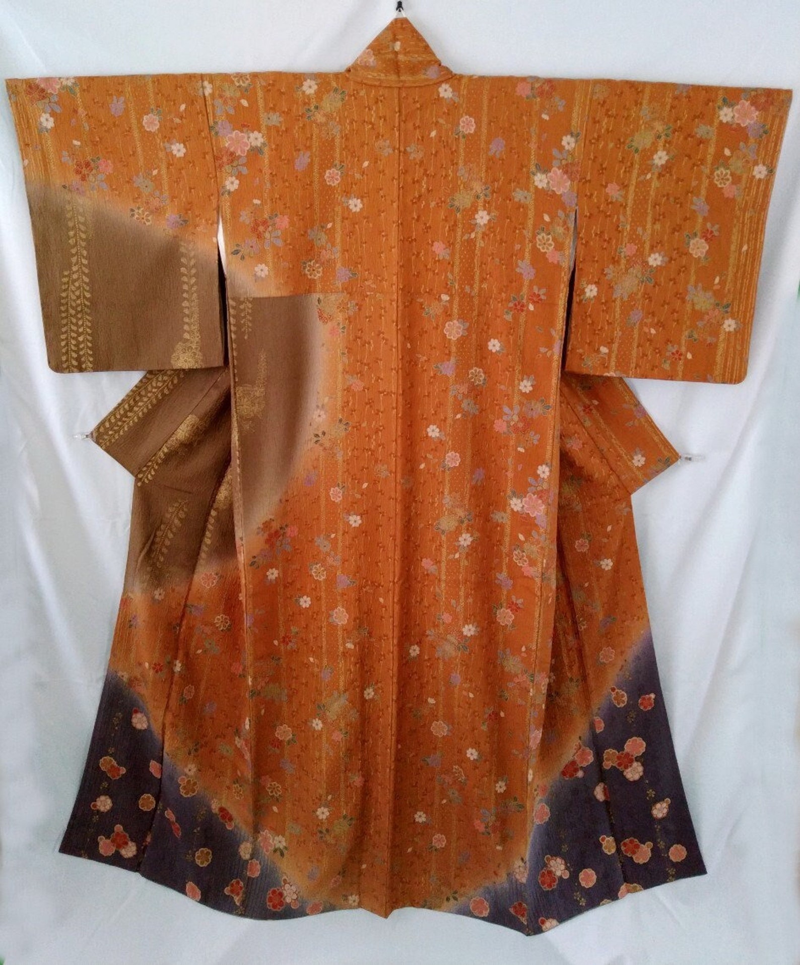 Japanese Silk Houmongi Kimono Brown Kimono Dress Floral Etsy