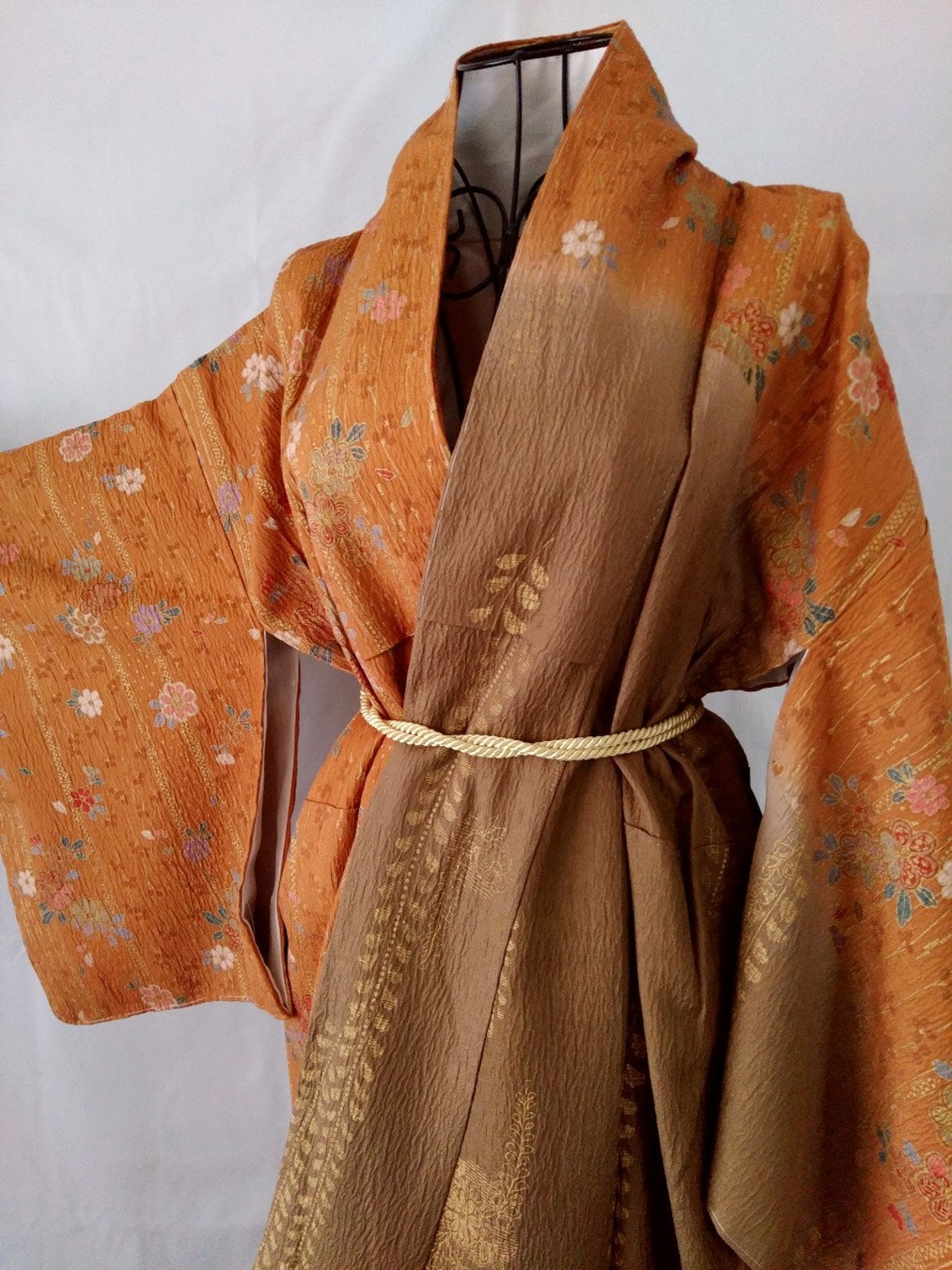 Japanese Silk Houmongi Kimono Brown Kimono Dress Floral Etsy