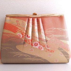 Vintage Japanese Brocade Bag, Orange Brown Kimono Bag, Silk Kimono Clutch, Kimono Purse with Chrysanthemum Pattern