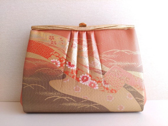 Vintage Japanese Brocade Bag, Orange Brown Kimono… - image 1