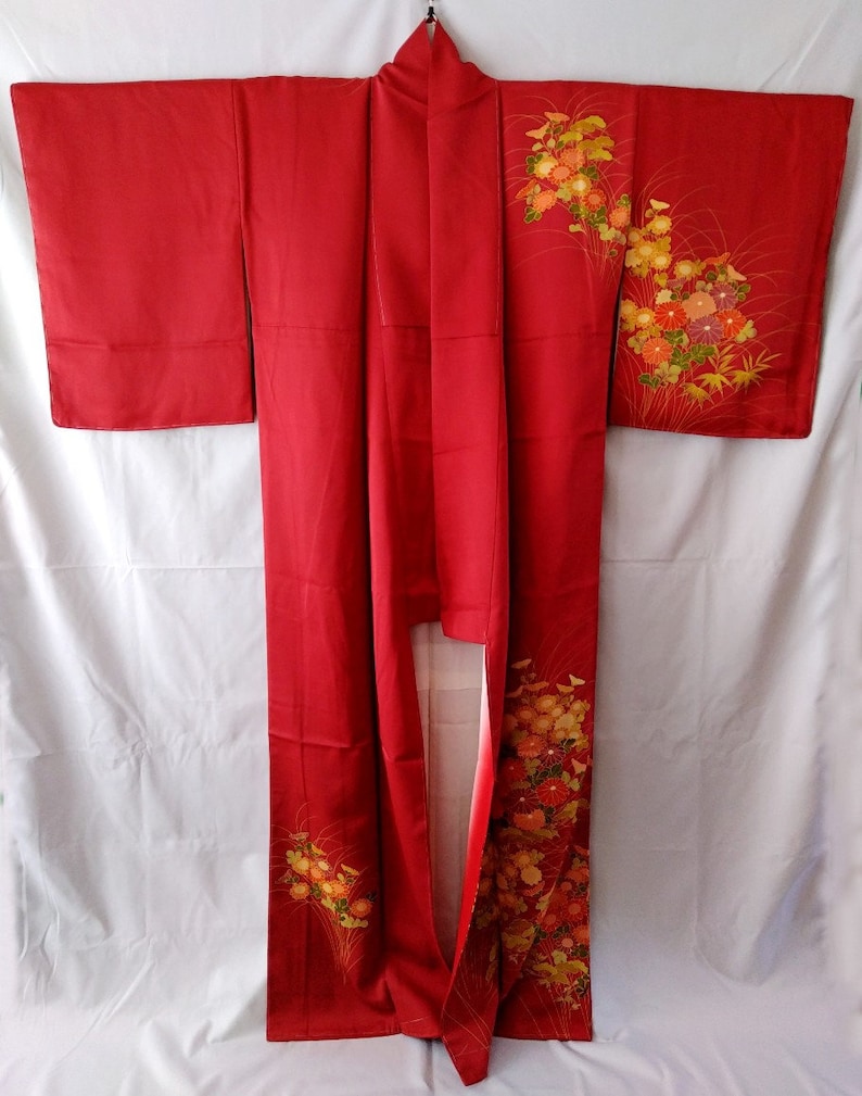 Red Silk Kimono Robe Floral Long Kimono Dress Vintage Etsy