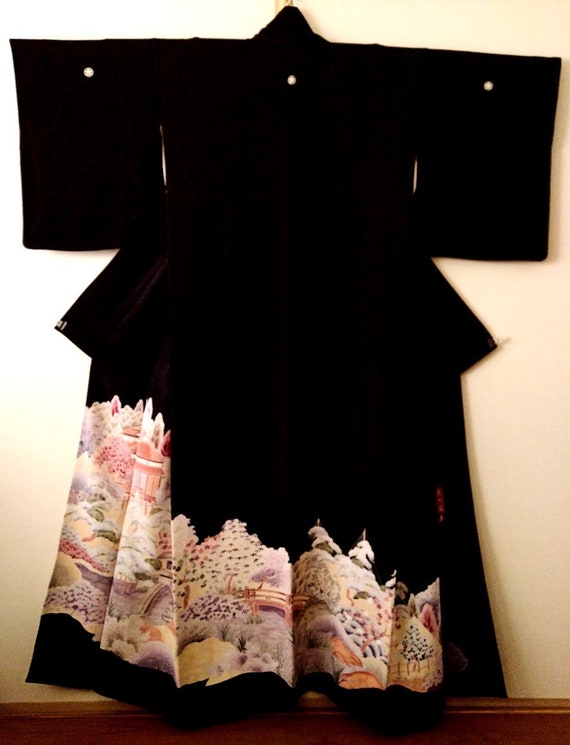 Vintage kimono Japanese kimono black silk kimono T