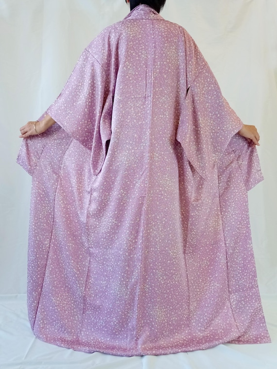 Vintage Silk Kimono Robe: Lilac Pink Floral Komon, Japanese Dressing Gown