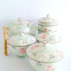 Vintage Arita Yaki Tea Set: Japanese Pottery Pot & 5 Cups with Lids