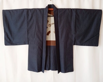 Japanese Men's Haori Jacket Size M, Vintage Dark Blue Oshima Tsumugi Silk Kimono Jacket, Kimono Cardigan, Asian Jacket