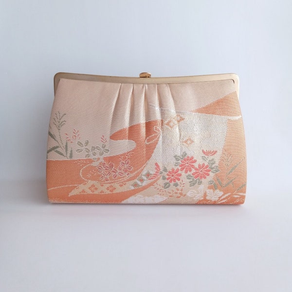 Gold Peach Kimono Bag, Vintage Brocade Silk Bag, Floral Kimono Purse, Japanese Evening Bag Clutch