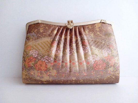 Vintage Kimono Bag, Brown Gold Brocade Bag, Broca… - image 1