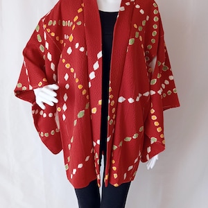 Vintage Red Shibori Silk Haori: Japanese Kimono Jacket, Kanoko Motif