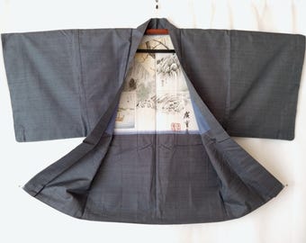 Vintage Oshima Tsumugi Silk Haori: Japanese Landscape Lining, Kimono Jacket