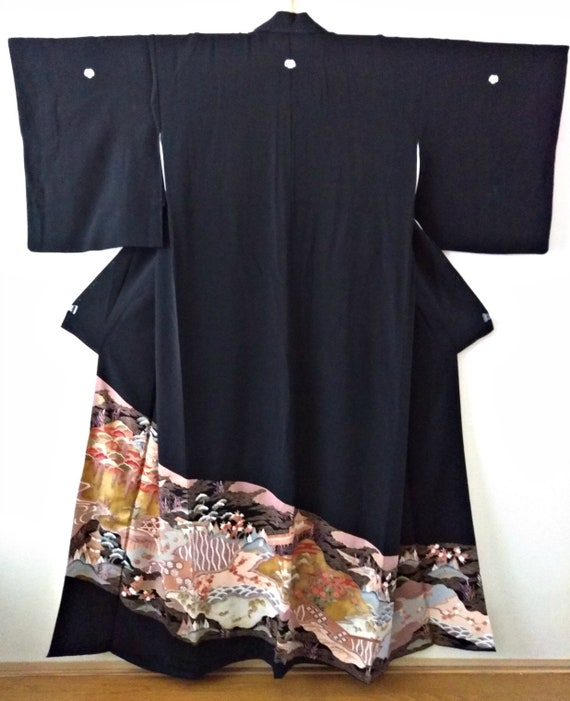 Vintage kimono Japanese kimono black silk kimono T